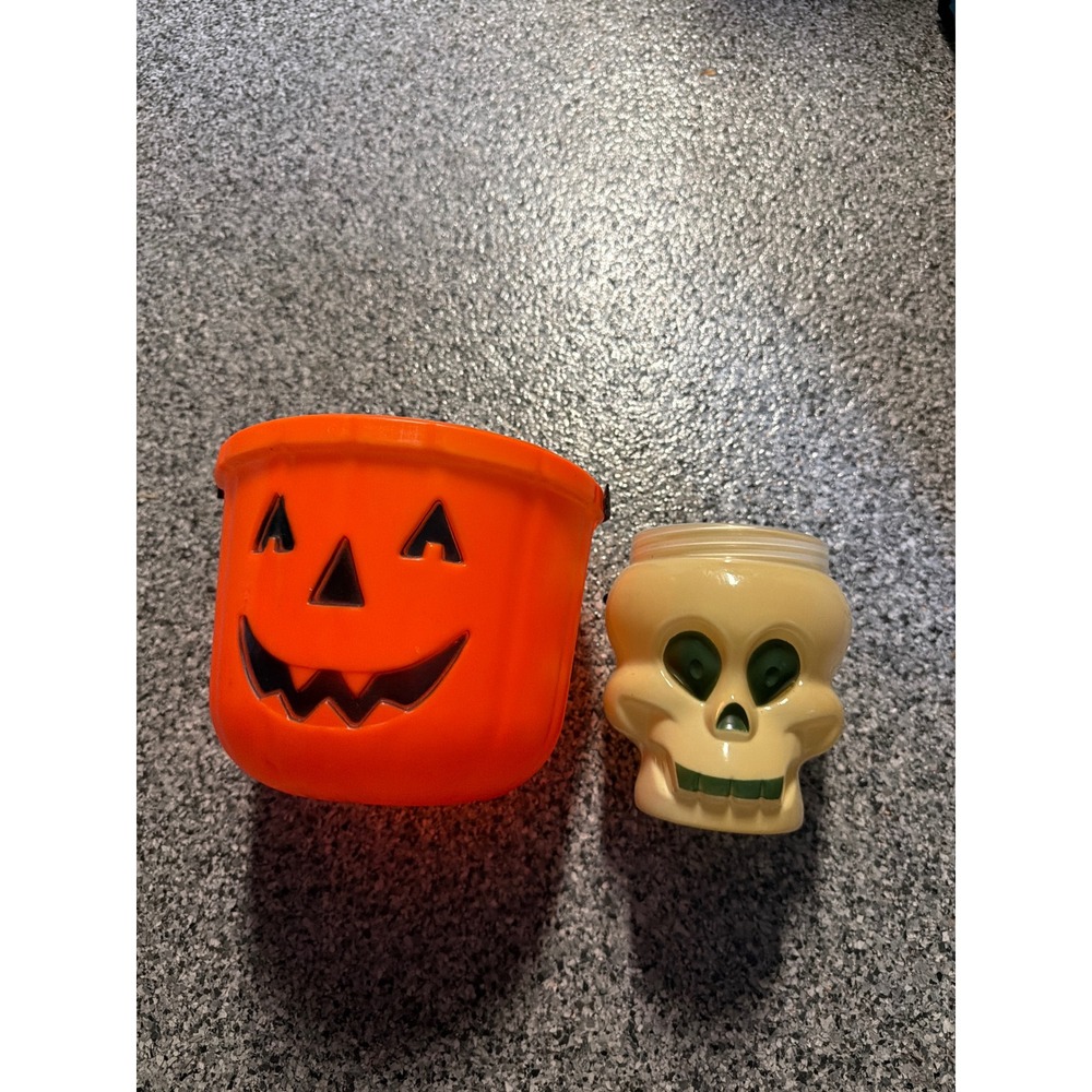 Vintage Halloween Pumpkin Blow Mold Bucket and Skull Candy Container Set